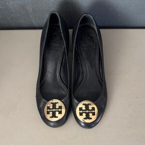 Tory Burch Black Leather Flats with Gold Accents